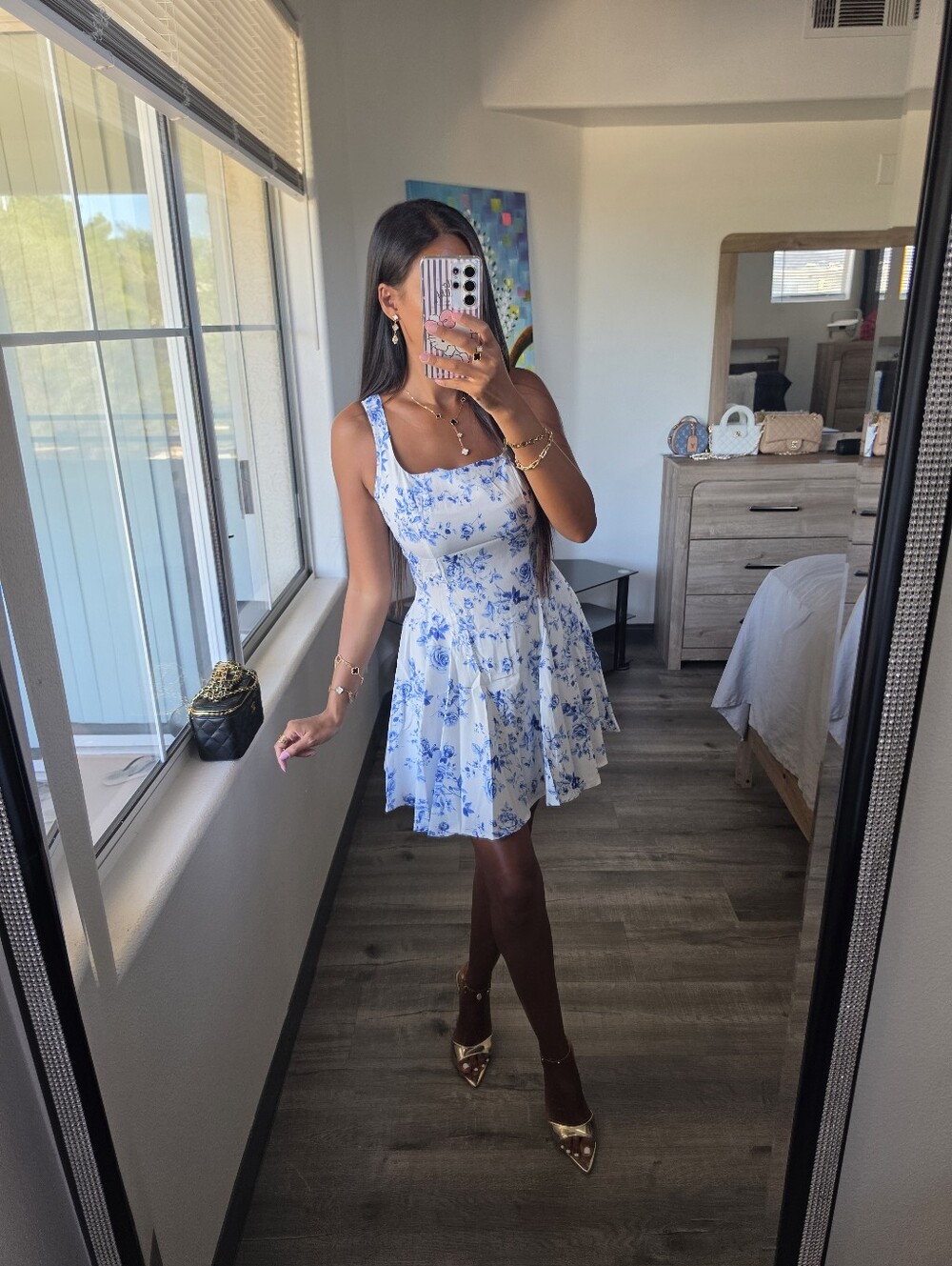 White Mini Dress with Blue Floral Print - Picture 5 of 13